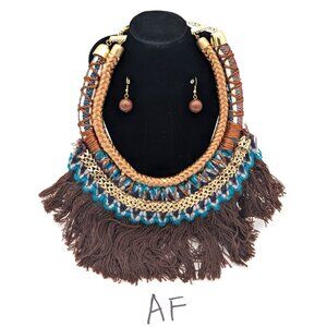 Vintage Victorian Revival Necklace Handmade Macrame Gold Chocolate Fringe Rope